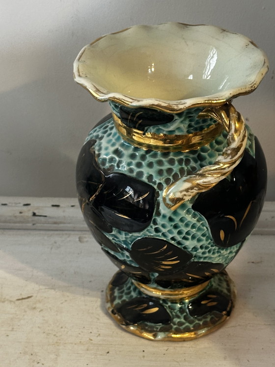 Pair of vintage Vallauris vases in turquoise ceramic, black flowers and gold trim (photo 3 of 9)