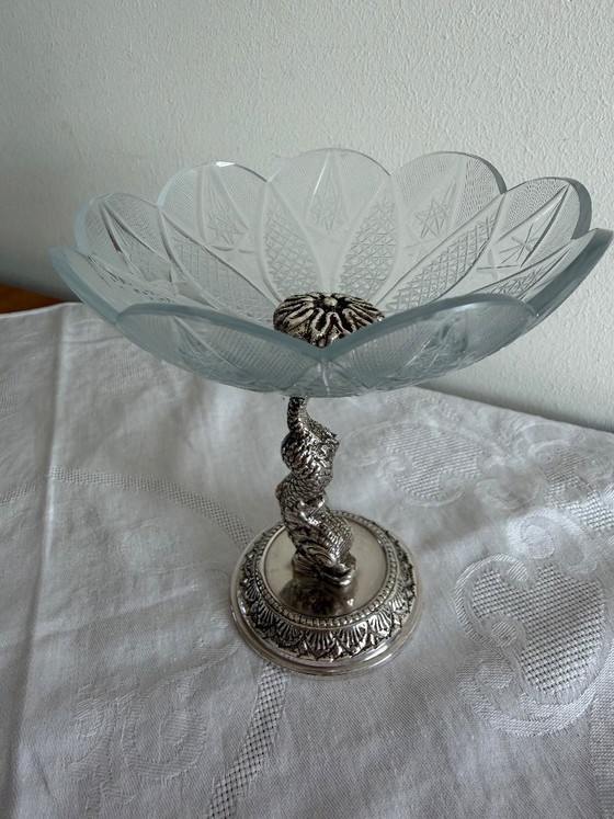 Image 1 of Zeldzame vintage verzilverde kristallen compoteschaal op een zeepaardje-onderzetter met keurmerk.