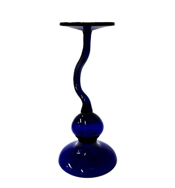 Image 1 of Vintage blue cobalt glass candle holder, 24 cm