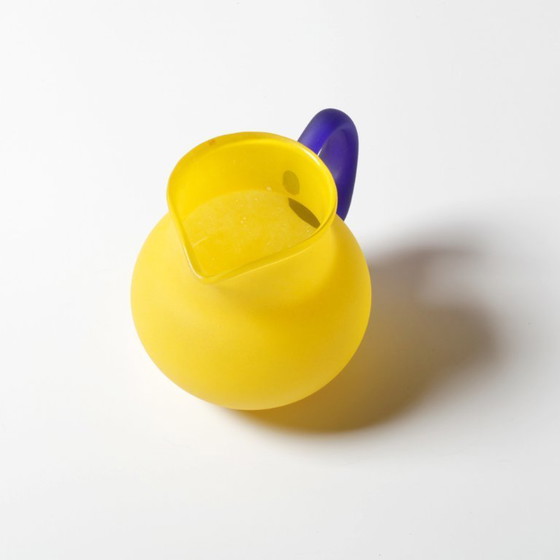 Image 1 of Small Vintage Frosted Glass Yellow and Blue Pitcher for Milk or Juice / Kosta Boda / Sweden / 1990s