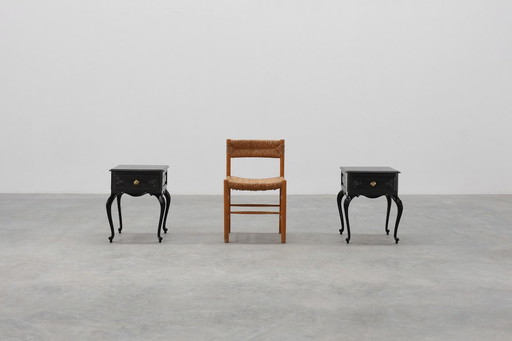 Pair of Louis XV Style Nightstands in Black Lacquered Oak, France, 1950s