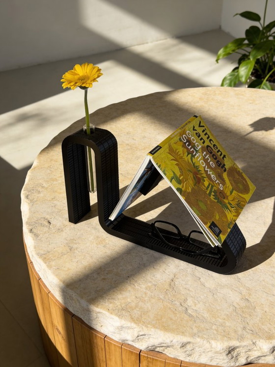 Image 1 of 3D Printed Book Stand with Glasses Holder & Test Tube Vase – Black PLA Decorative Display