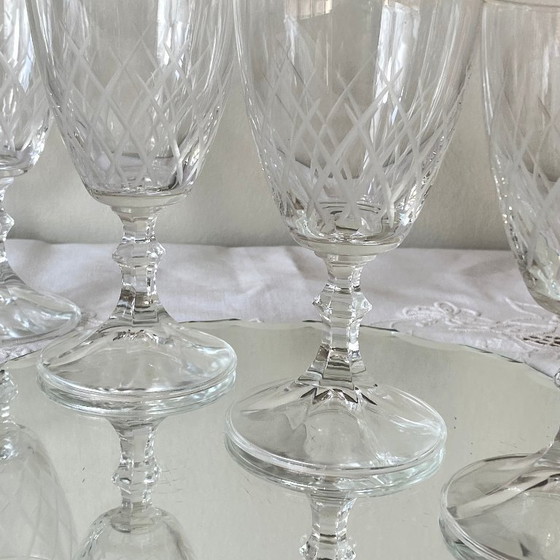 Image 1 of 6 Antique Engraved Glasses, Wine or Water Glasses