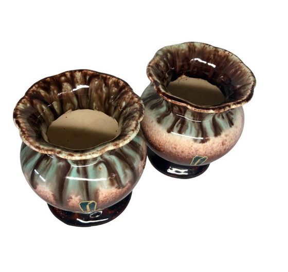 Image 1 of Pair of Vintage Bay Keramik W. Germany Vases - Model 290-10 - Turqouise Brown Fat Lava Glaze