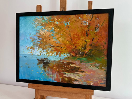 Original Oil Painting Autumn Coastal Landscape The whisper of autumn leaves over the river