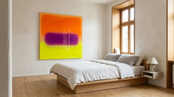 Exhibition piece – Abstract color field painting in neon orange and purple | 95 × 95 cm | 5 mm acrylic glass (photo 4 of 7)