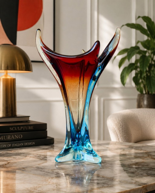 Large Vintage Murano Sommerso Glass Vase in Red and Cobalt Blue, Italy, 1960s