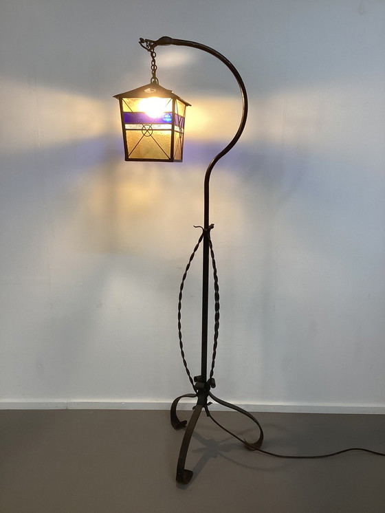 Image 1 of Amsterdam School Floor Lamp Wrought Iron Stained Glass