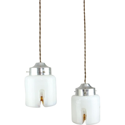 Paar vintage hanglampen van chroom en glas