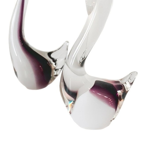 Image 1 of Set di cigni in vetro vintage in stile Murano viola, anni '80