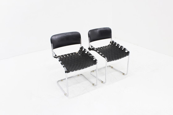 Image 1 of Vintage Italiaanse stoelen zwart leer en chroom, jaren 70