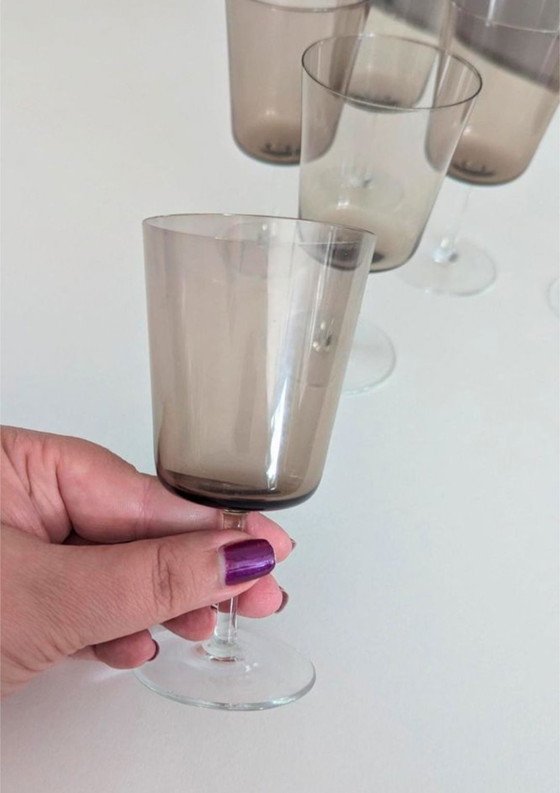 Image 1 of 11x Vintage MCM Crystal Liquor, Schnalls Glasses Smoked Color