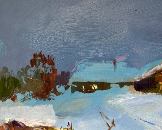 Image 1 of Original Oil Painting Winter Village Landscape Cozy winter evening