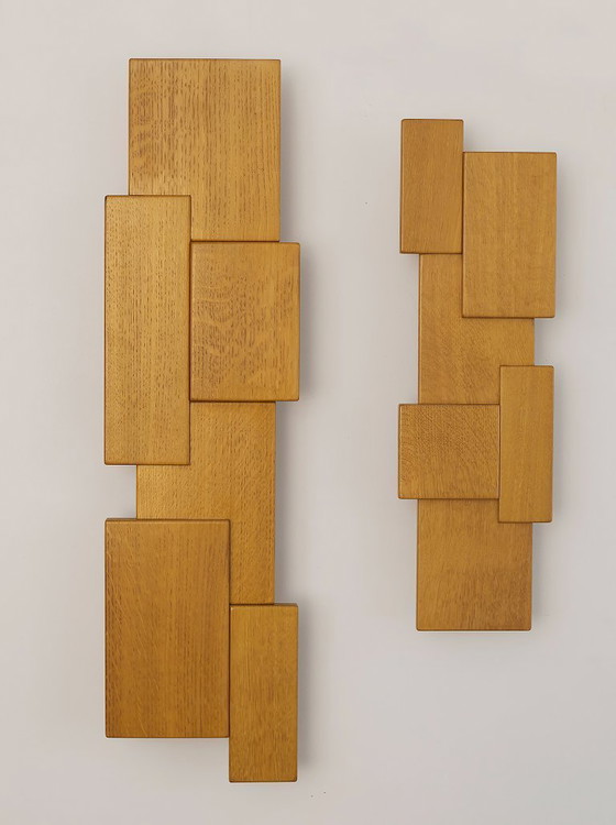 Image 1 of Paire d'appliques Modernistes artisanales en bois massif (chêne) vintage Circa 1980
