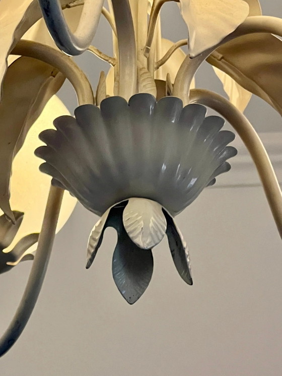 Rarity! Original Art Nouveau Pendant Lamp, Opal Glass with Leaf Motif, 1920 – Brass (photo 6 of 7)
