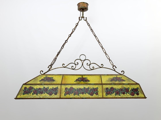 Image 1 of Rustikaler, handbemalter Kronleuchter aus Schmiedeeisen und Glas, 1960er Jahre