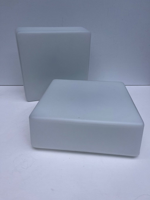 2x vintage RZB witte matte melkglazen vierkante plafonniere