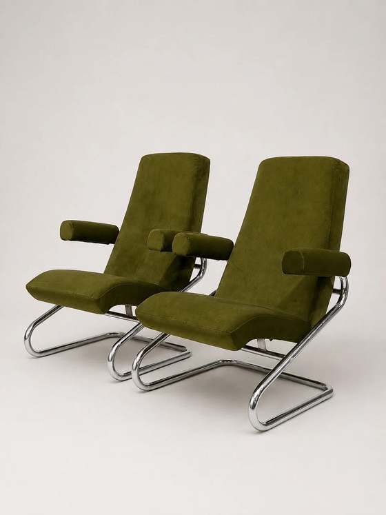 Fauteuils vintage à structure tubulaire chromée – Chaises & fauteuils, Velvet, Mid Century Modern (photo 4 of 4)