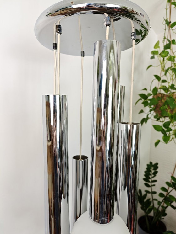 Image 1 of Vintage Sijaj Hrastnik Chandelier / Mid Century Modern Chrome & Glass Globe Pendant Lamp / Space Age Ceiling Light / Yugoslavian