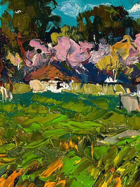 Image 1 of Peinture à l'huile originale représentant un paysage rural, une rue et le parfum printanier du village