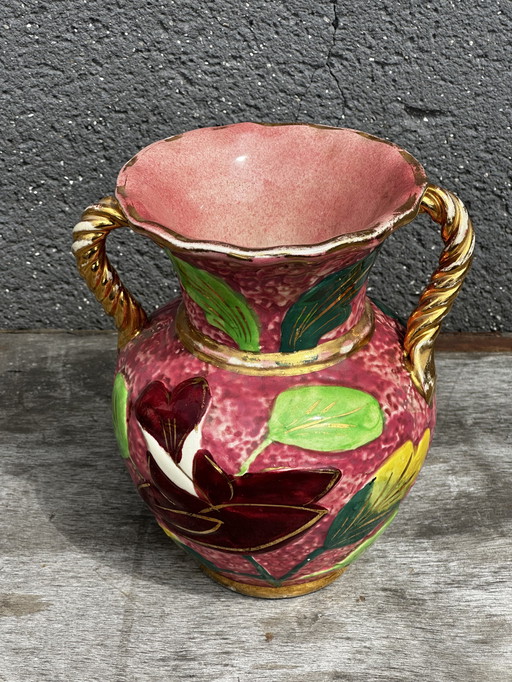 Beau Vase Vallauris Rose Bonbons et Motifs Floraux H 20 cm