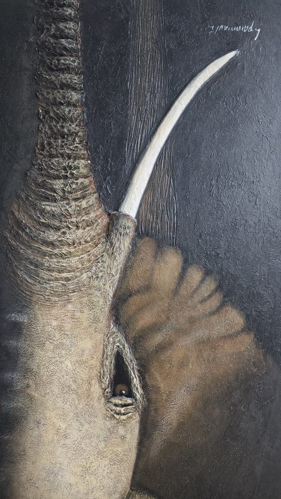 Large 3D Texture Painting Elephant L. Paramault (150x75) – Paintings & Drawings, Wood, Canvas (photo 12 of 13)