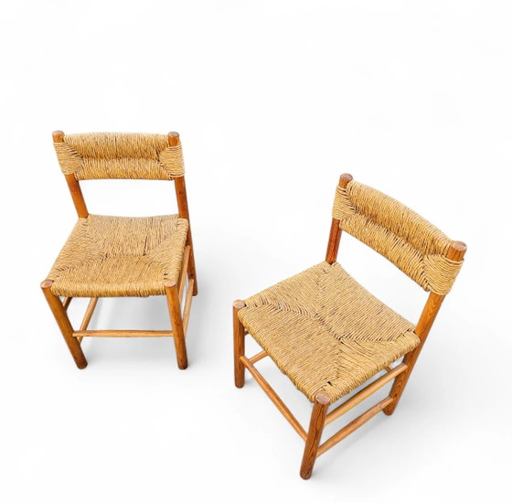 2 x pine wood woven reed dining chairs / France 1950s (photo 2 of 40)