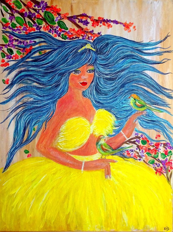 Gemälde Frau mit blauen Haaren und Vögeln, Gemälde & Zeichnungen, Holz, Leinwand, Gelb, Figuratief (Foto 3 von 10)