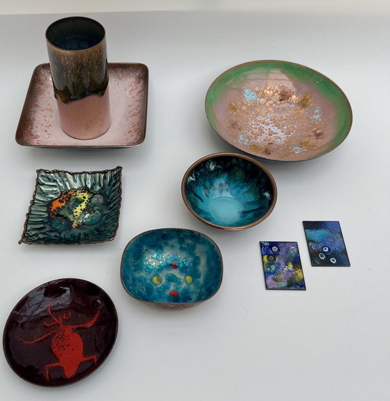 Image 1 of Mid-Century Copper Enamel Collection of Handcrafted Bowls & Vases (9 pieces)