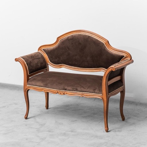 Banc vintage en velours marron et bois sculpté années 50