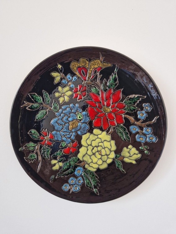 Image 1 of Ceramic wall plate.Enamelled-butterfly orientale technique