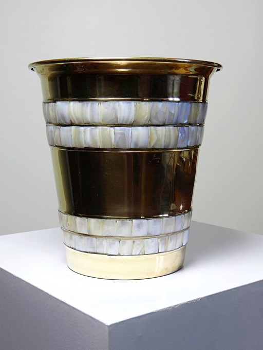 Large vintage champagne cooler in gilded brass and mother-of-pearl