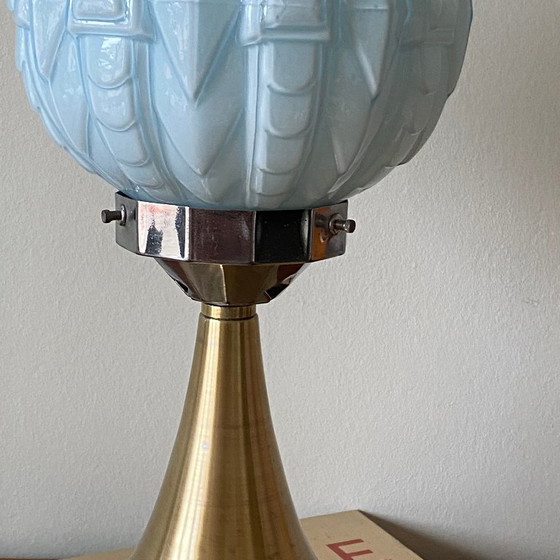 Image 1 of Vintage Art Deco Modernist Lamp in Blue Opaline Glass and Brass