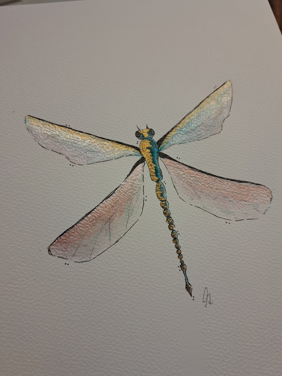 Image 1 of Watercolor painting of a dragonfly with a mother-of-pearl effect | Gold-colored frame