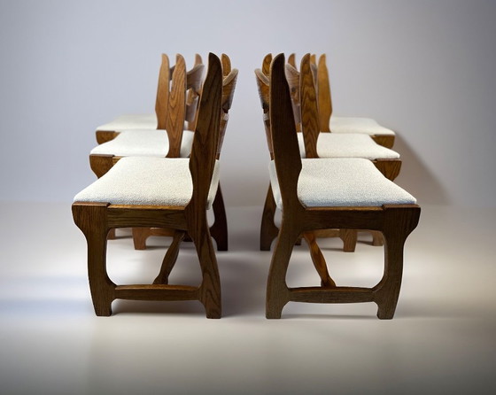 Set van 6 Belgische brutalistische eikenhouten eetkamerstoelen, jaren 70 – Wood (photo 3 of 9)