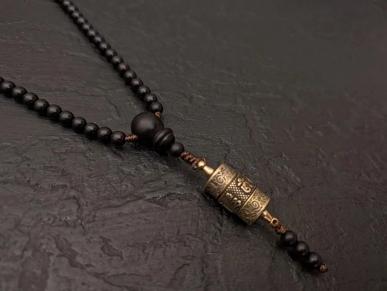 Image 1 of Black Ebony Wood Mala Necklace 108 Beads Tibetan Rotating Prayer Wheel Pendant Om Mani