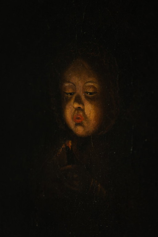 Oil on canvas, chiaroscuro portrait. 19th century.