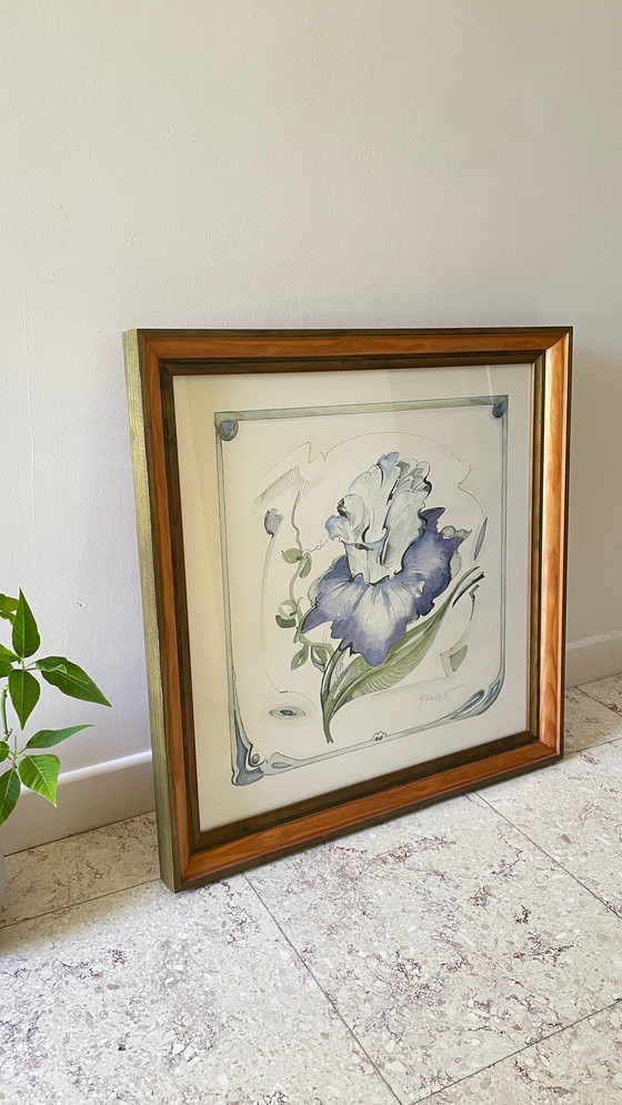 Image 1 of Irisblüte auf Papier Rahmen Holz Vintage