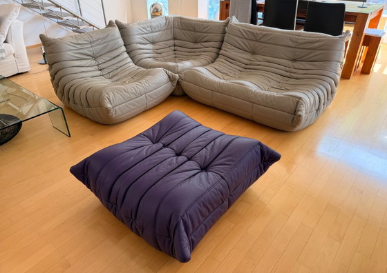 Canapé d'origine Ligne Roset en cuir Togo — Ensemble 4 pièces — Diva Lin/Indigo — avec documentation (photo 3 of 15)