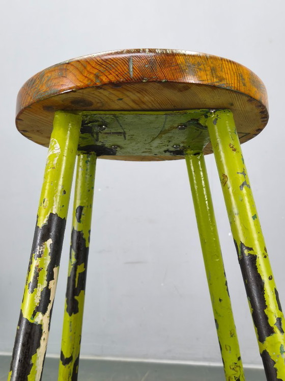 Image 1 of Industrial Metal and Wood Stool, Czechoslovakia, 1940s