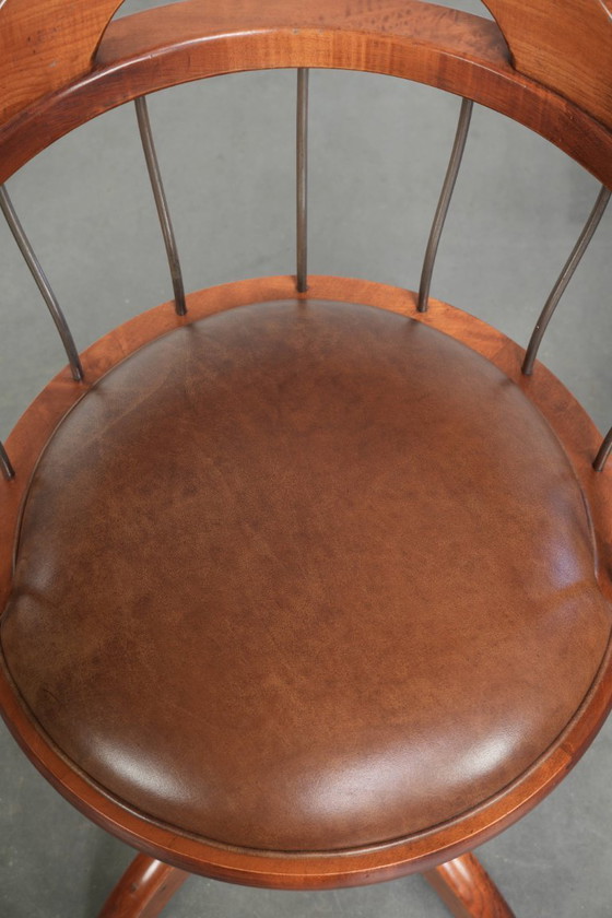 Image 1 of 3 x Draaibare Schuitema stoel/ bijzetstoel/ bureaustoel met een cognac kleurige rundleren zitting