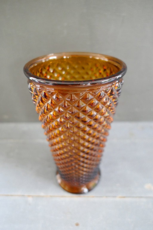 Vintage amber pressed glass hobnail vase