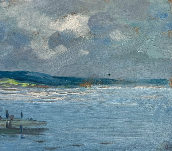 Image 1 of Original Oil Painting Summer River Landscape Fishing on the ferry