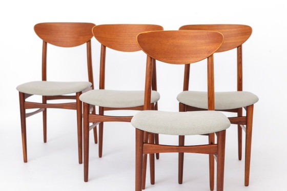 Image 1 of Vintage Danish Teak Dining Chairs, Set of 4, 1960s Scandinavian Mid Century Chairs, Newly Upholstered Light Grey Seats, Denmark