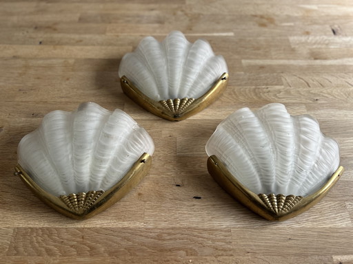 3x wall light shells - art deco - glass and brass