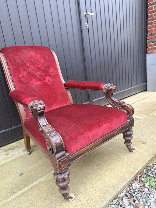 Antico intagliato a mano Francia rinascimentale giacobino Castello Sedia Trono Poltrona Tappezzeria in velluto