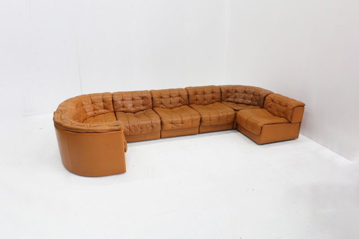 Sofá modular vintage De Sede DS 11 en cuero patchwork color coñac, juego de 7