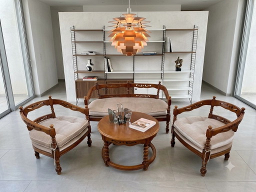 Vintage zitset uit de Giorgetti Gallery collectie, bestaande uit 2 stoelen, een tweezitsbank en een tafel. – zithoek, Textile