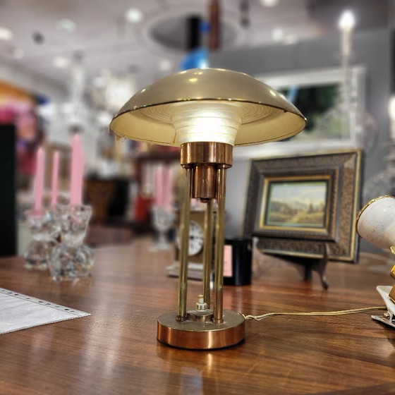 Image 1 of Tafellamp “Mushroom”, verguld messing, Claude-Paz et Silva, Art Deco, jaren 30 – Frankrijk