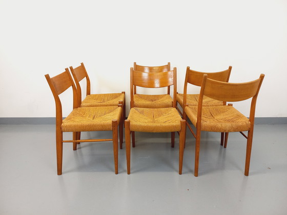 Image 1 of Suite de 6 chaises vintage italiennes en teck et corde danoise Gessef Consorzio Sedie Friuli